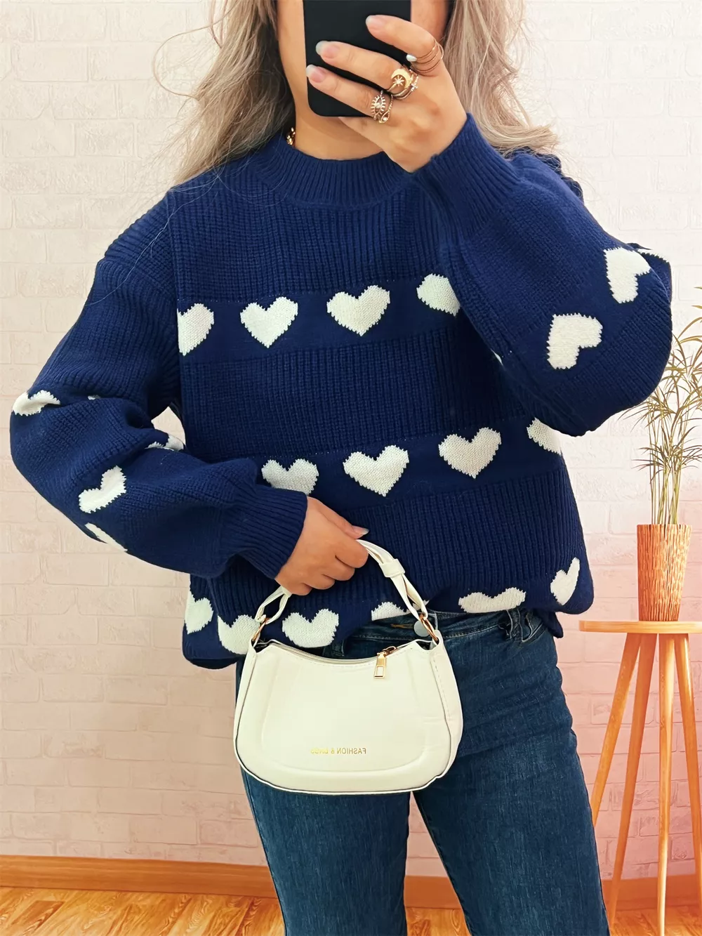 Heart Pattern Dropped Shoulder Sweater, image 13