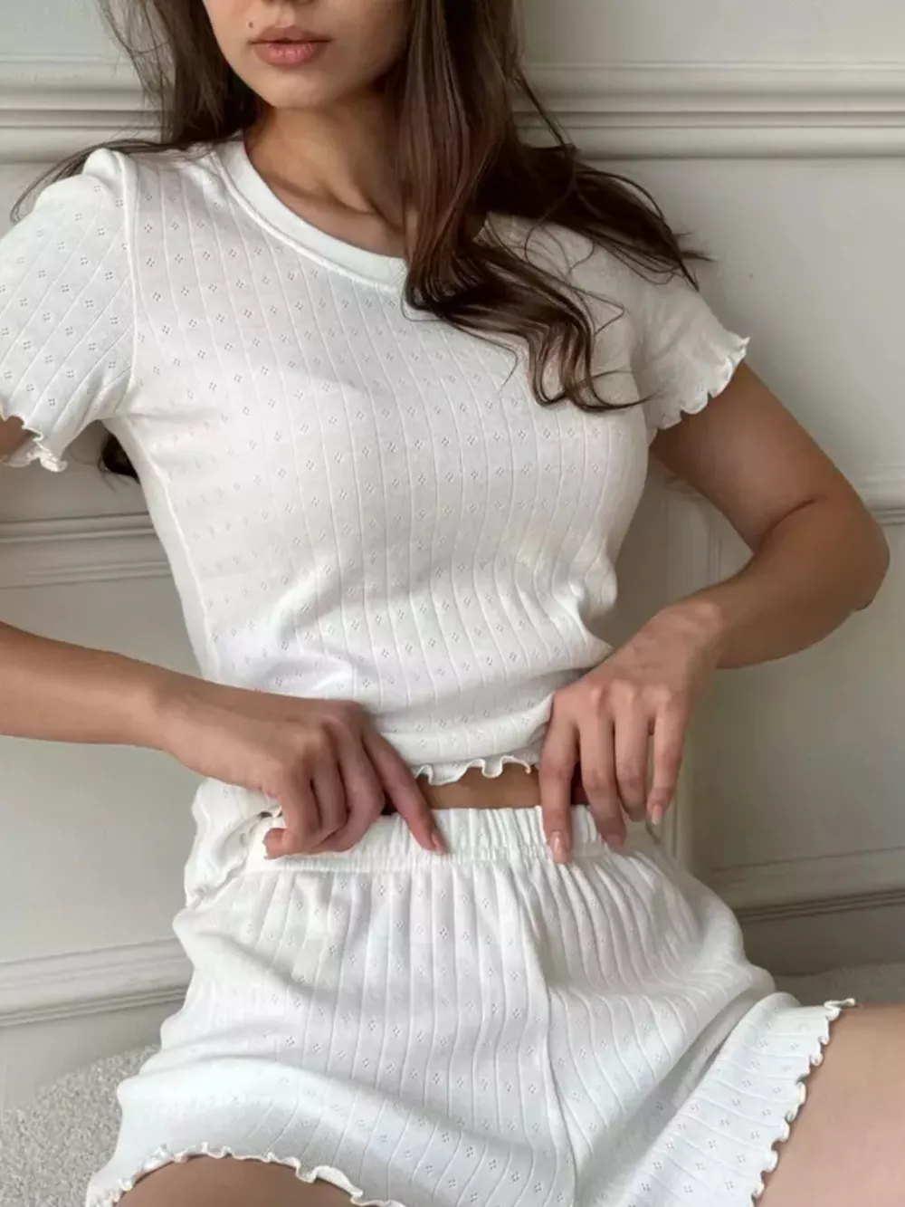 Ribbed Texture Top and Shorts Lounge Set with Lettuce Edge Trim, image 4