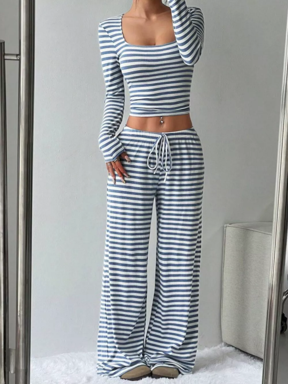 Striped Long Sleeve Crop Top & Wide Leg Pants Set, image 5