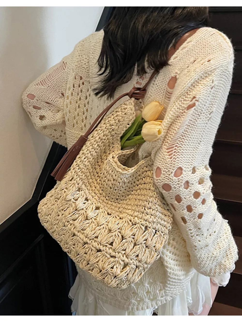 Woven Straw Shoulder Bag with Tassels, image 7