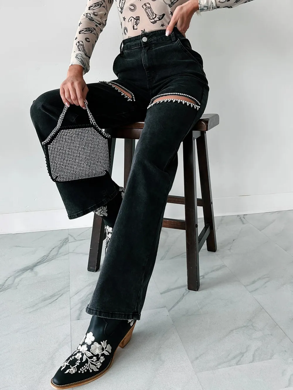 Ripped Wide Leg Wash Denim Jeans, image 5