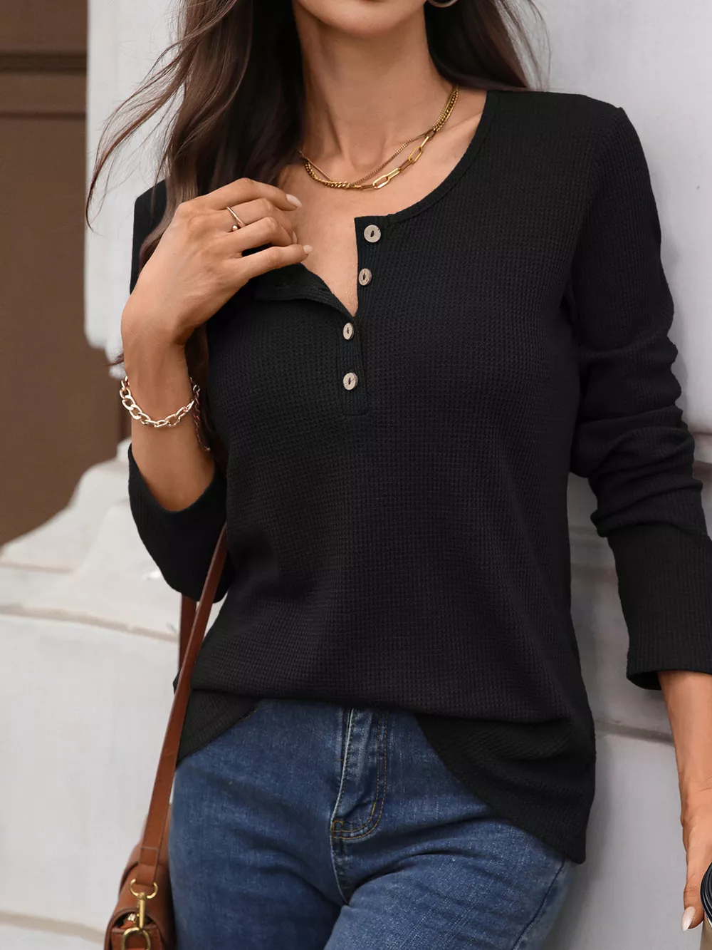 Waffle Knit Long Sleeve T-Shirt, image 9