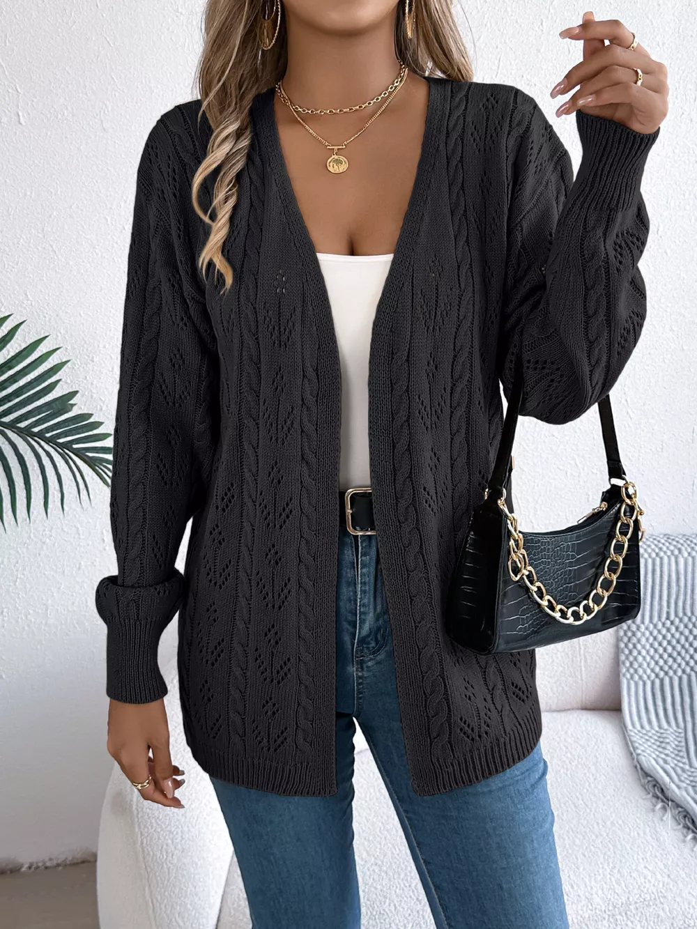 Openwork Open Front Long Sleeve Cardigan, image 2
