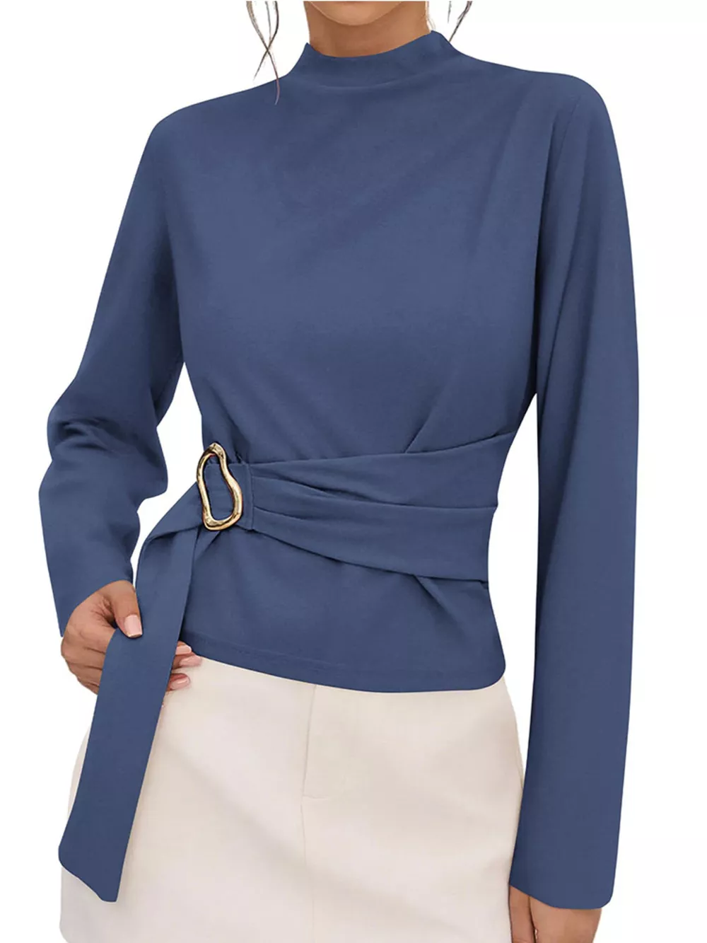 Mock Neck Blouse with Waist-Defining Metal Buckle Detail, image 12