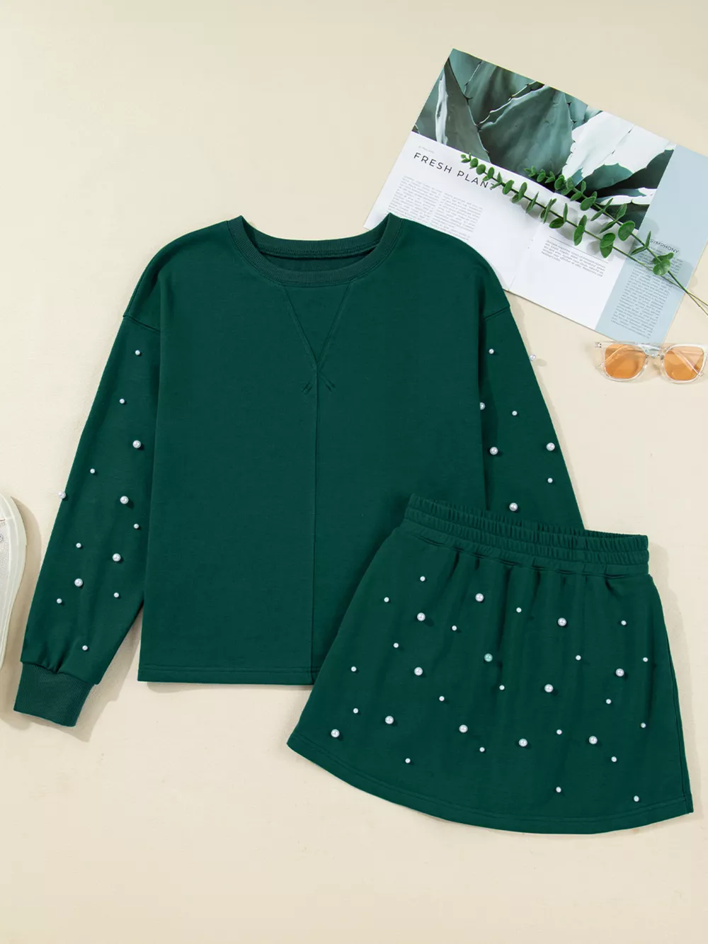 Pearl Embellished Drop Shoulder Pullover Elastic Waist Mini Skirt Set, image 2