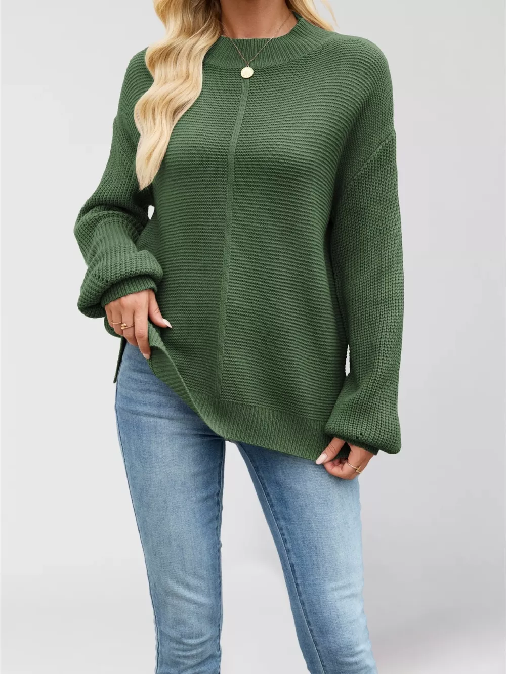 Ribbed Mock Neck Drop Shoulder Sweater, image 3