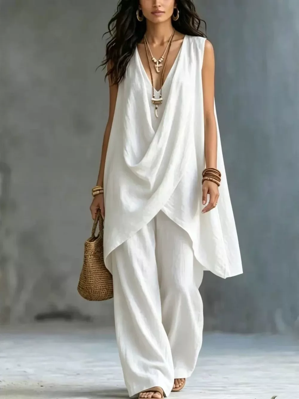 Sleeveless Asymmetrical Top and Wide-Leg Pants Set, image 2