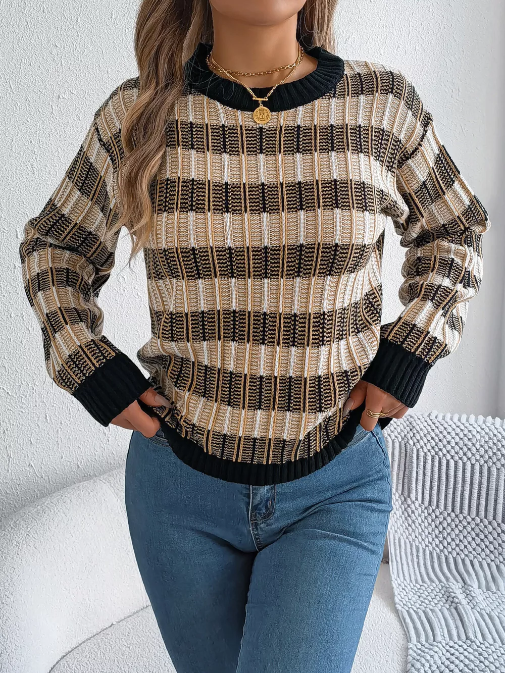 Striped Round Neck Long Sleeve Sweater, image 11
