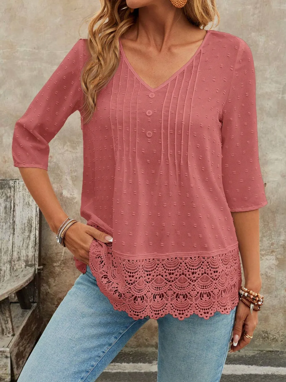 Lace Hem V-Neck Blouse, image 5