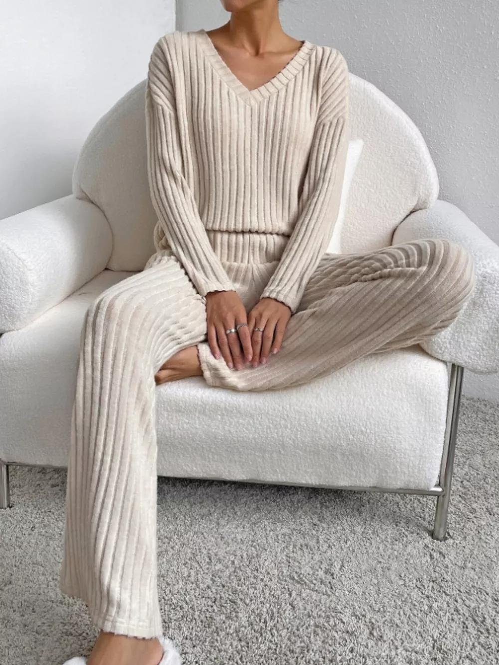Ribbed Knit Long Sleeve Top and Pants Set, image 2