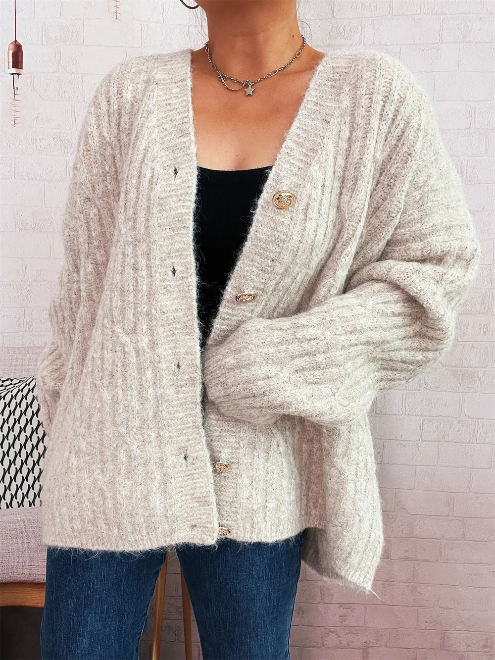 Cable Knit Button-Up Cardigan, image 2