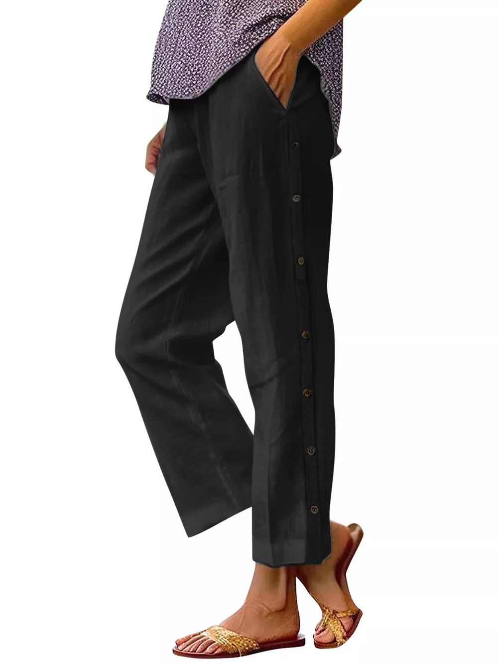 Full Size Side Button Decor Pants Plus Size, image 14