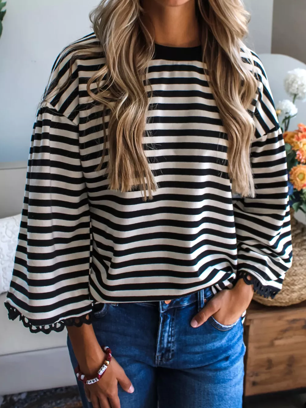 Striped Round Neck Bell Sleeve Top, image 3