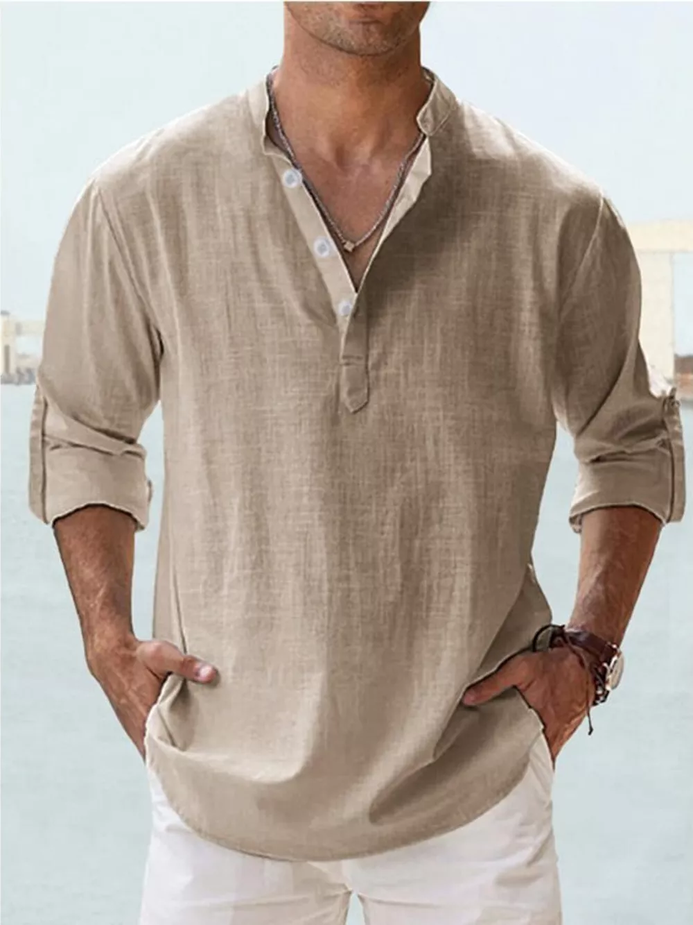 Men's Full Size Casual Button Detail Roll-Up Sleeve Blouse Plus Size, image 2