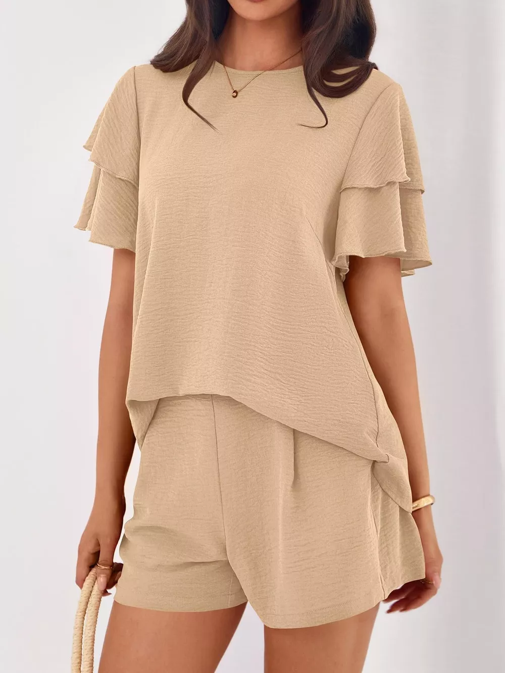 Ruffle Sleeve Top and Shorts Two-Piece Set