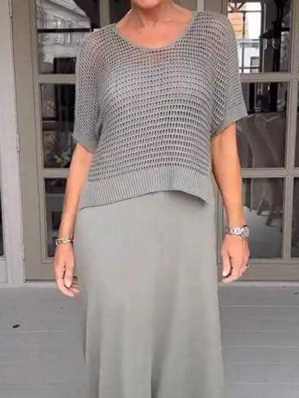 Full Size Openwork Knit Cover Up and Dress Set Plus Size, image 9