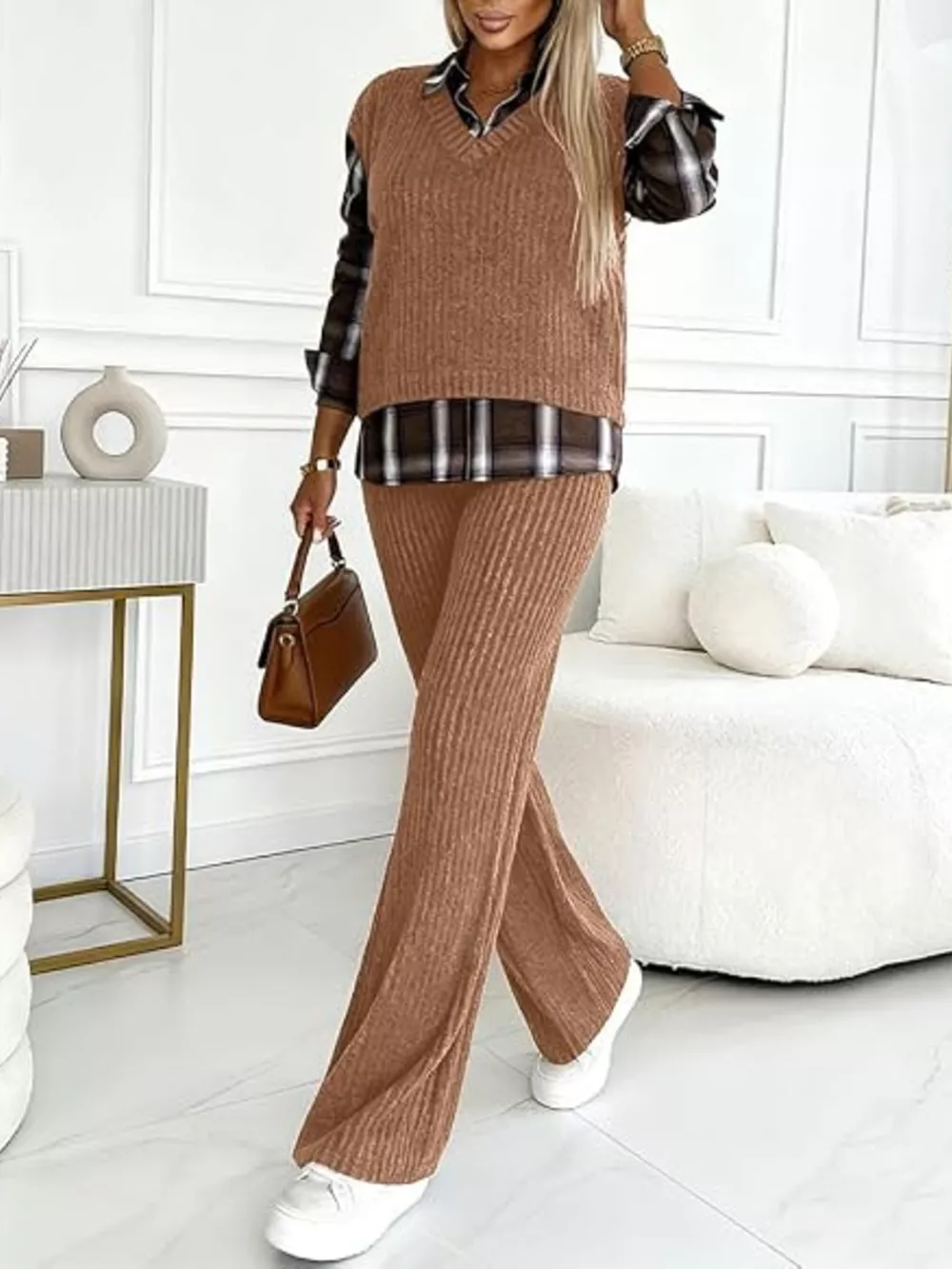 Ribbed Knit Plaid Sleeve Top & Pants Set, image 7