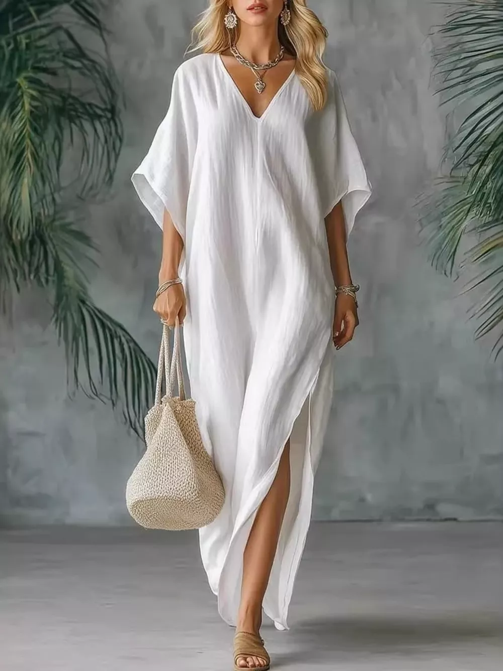 Full Size V-Neck Maxi Dress with Side Slits Plus Size, image 7