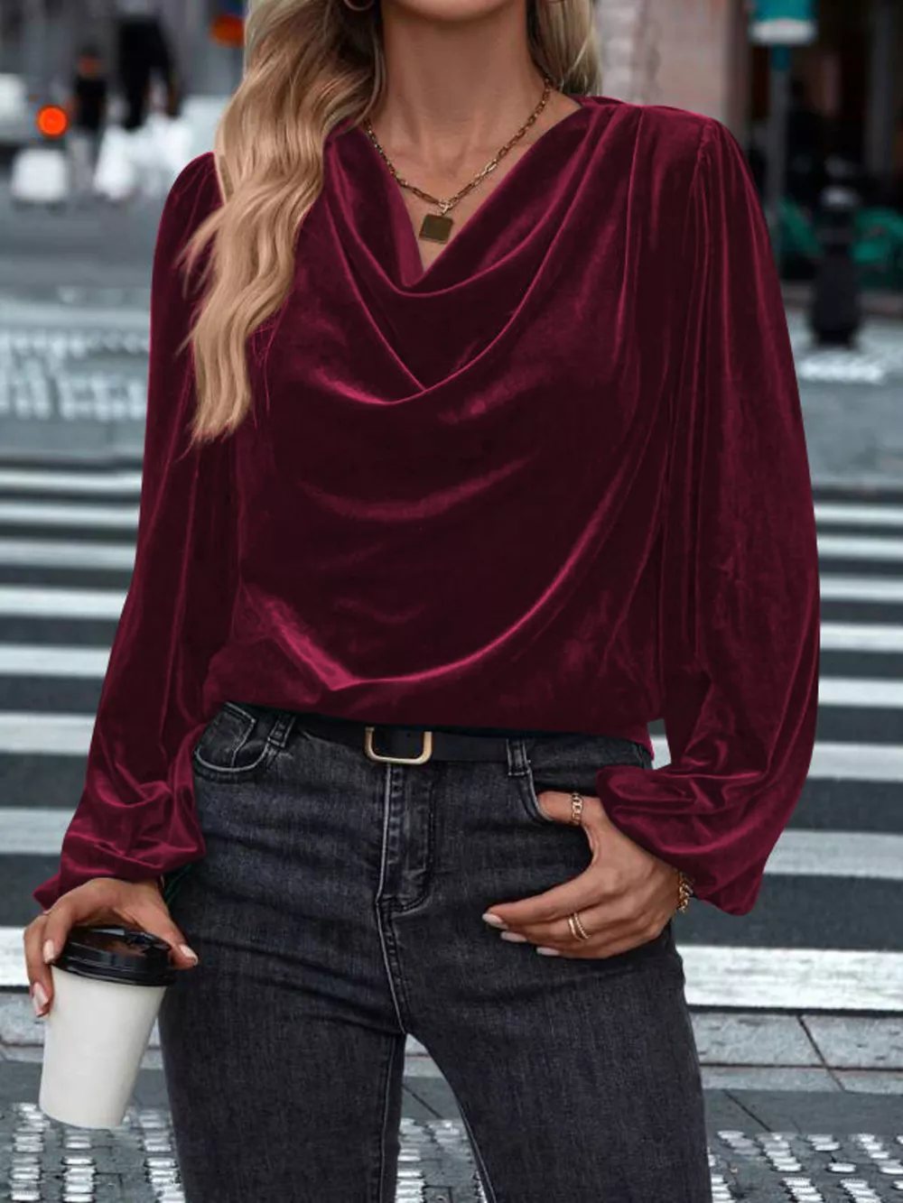 Velvet Cowl Neck Long Sleeve Blouse, image 5