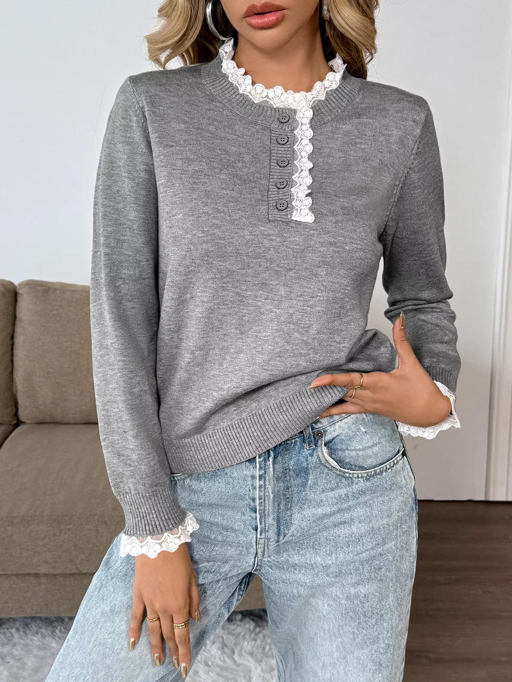 Lace Trim Button Detail Long Sleeve Knit Top, image 2