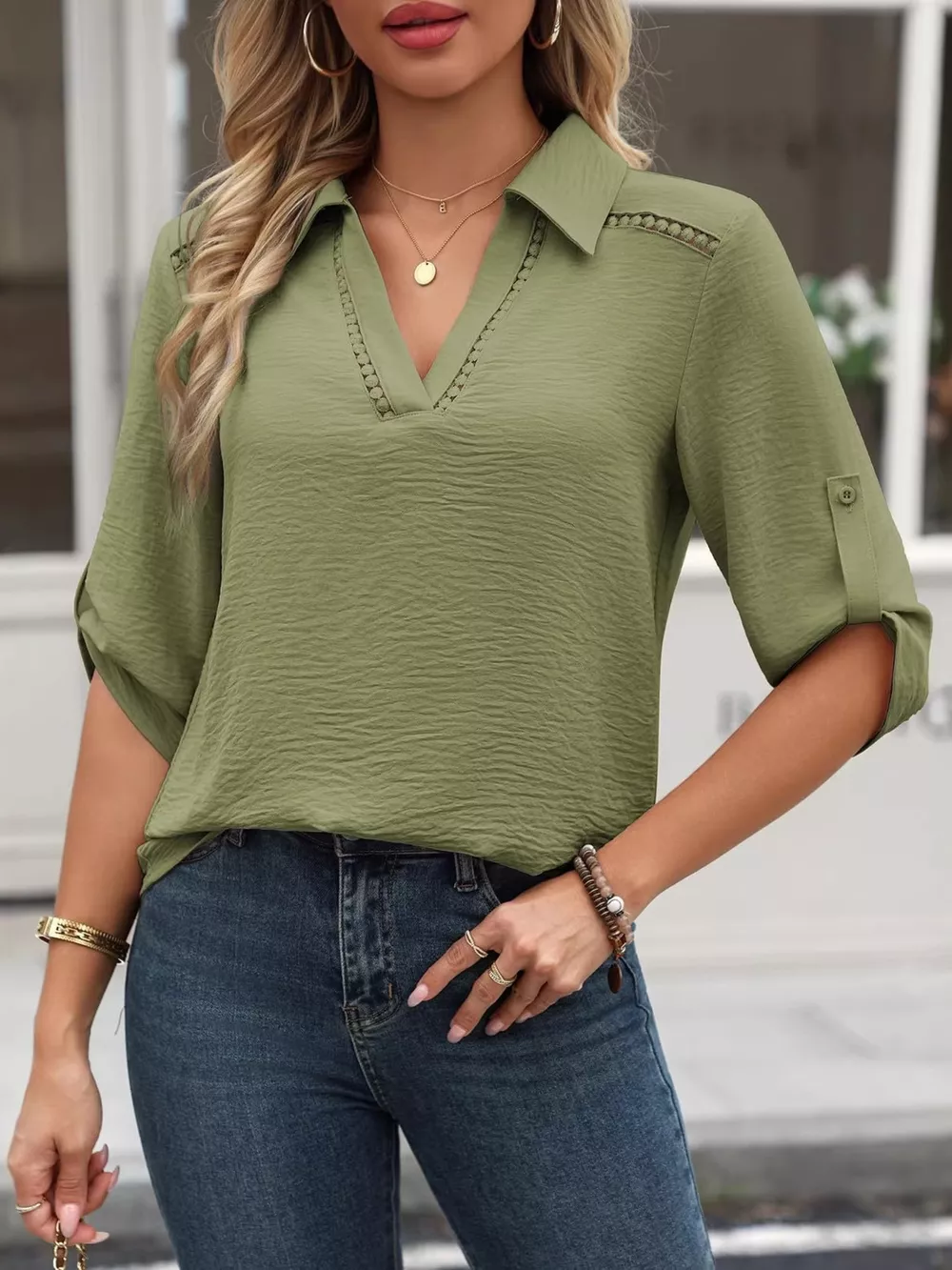 Johnny Collar Roll-Up Sleeve Blouse, image 16