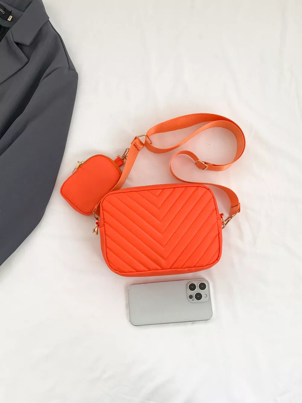 Chevron Quilted Crossbody Bag with Mini Pouch, image 2