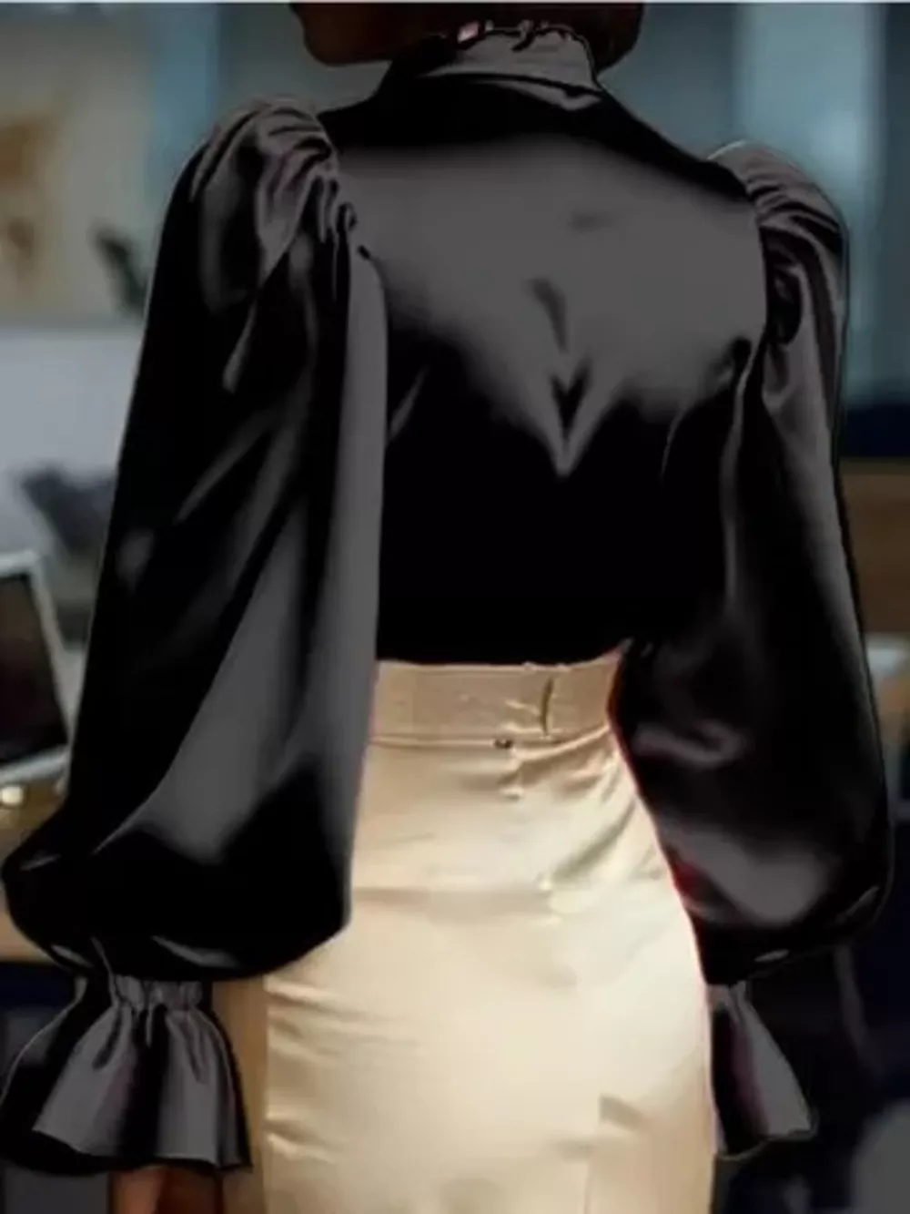 Satin Button Up Flounce Sleeve Shirt, image 2