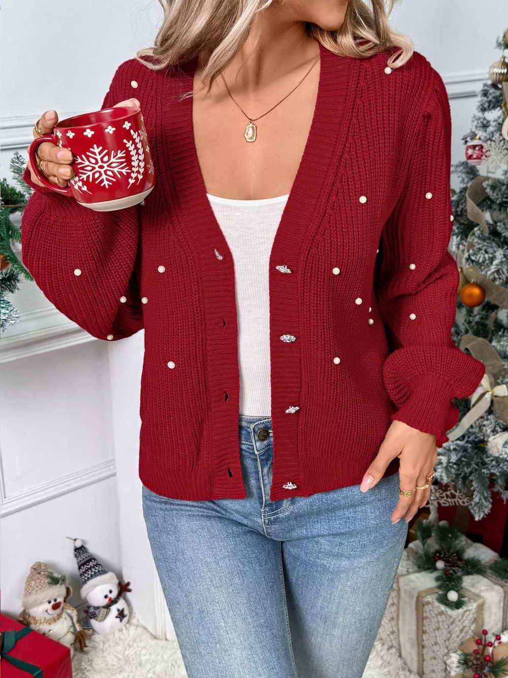 Pearl Embellished Button Up Cardigan, image 2