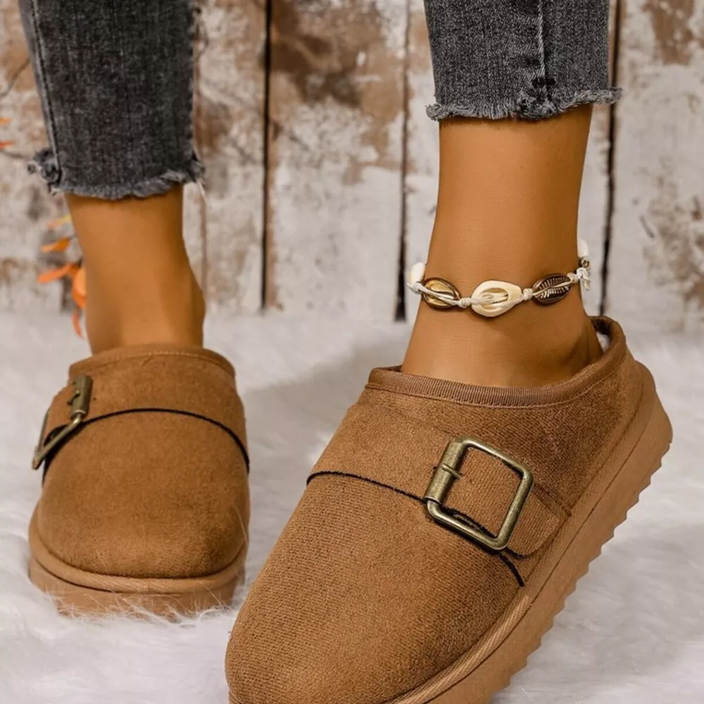 Buckle Decor Plush Lined Warm Slippers, image 2