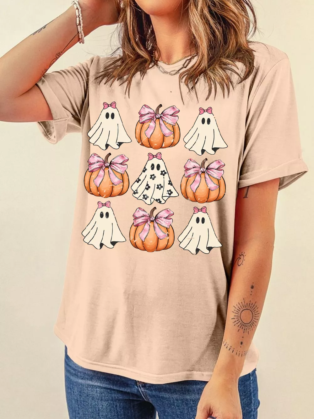 Halloween Bowknot Ghost Pumpkin Graphic T Shirt, image 2
