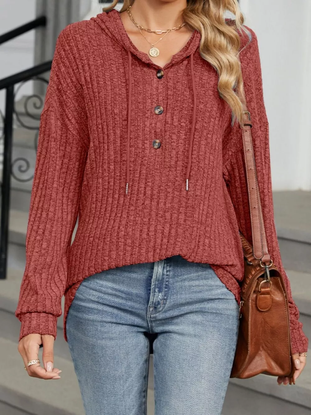 Ribbed Knit Drawstring Long Sleeve Hoodie, image 8