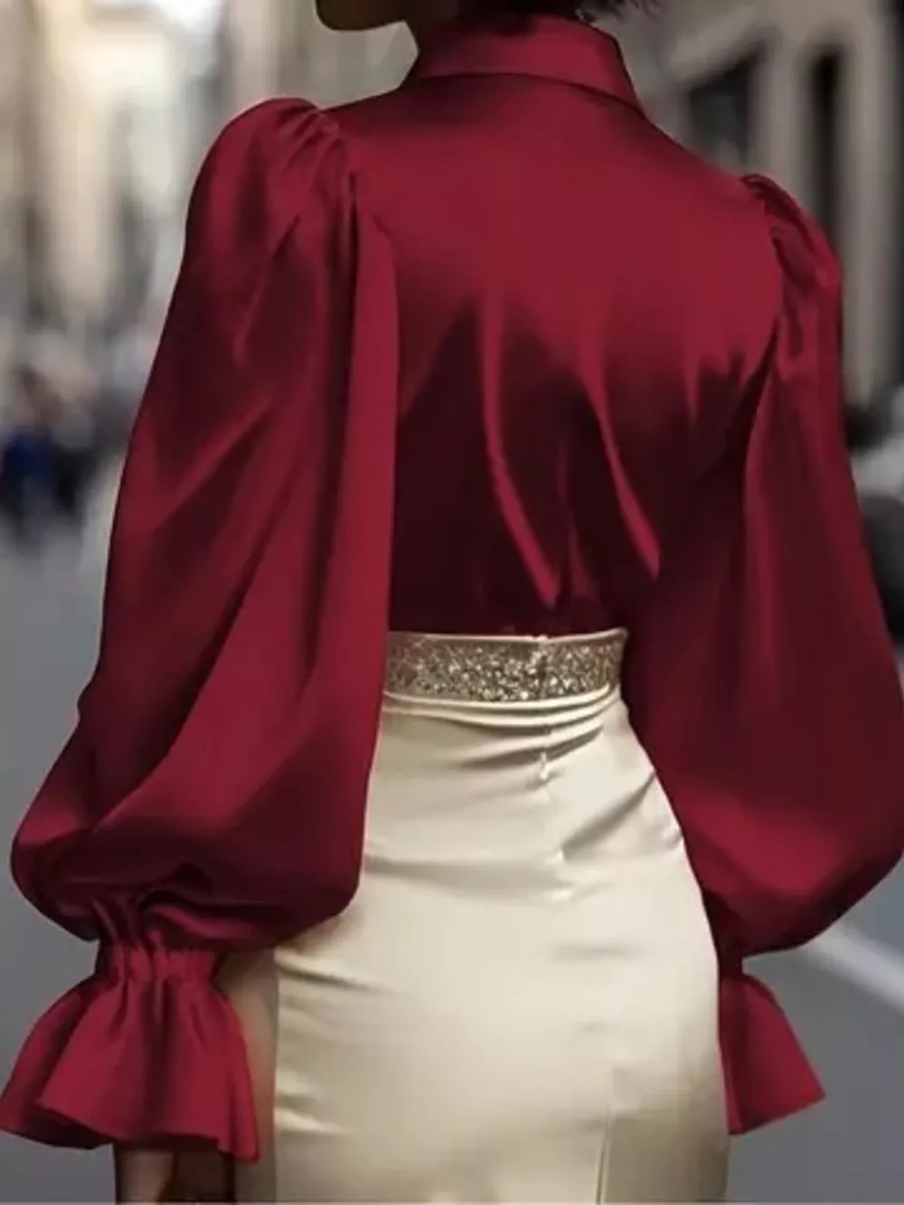 Satin Button Up Flounce Sleeve Shirt, image 3