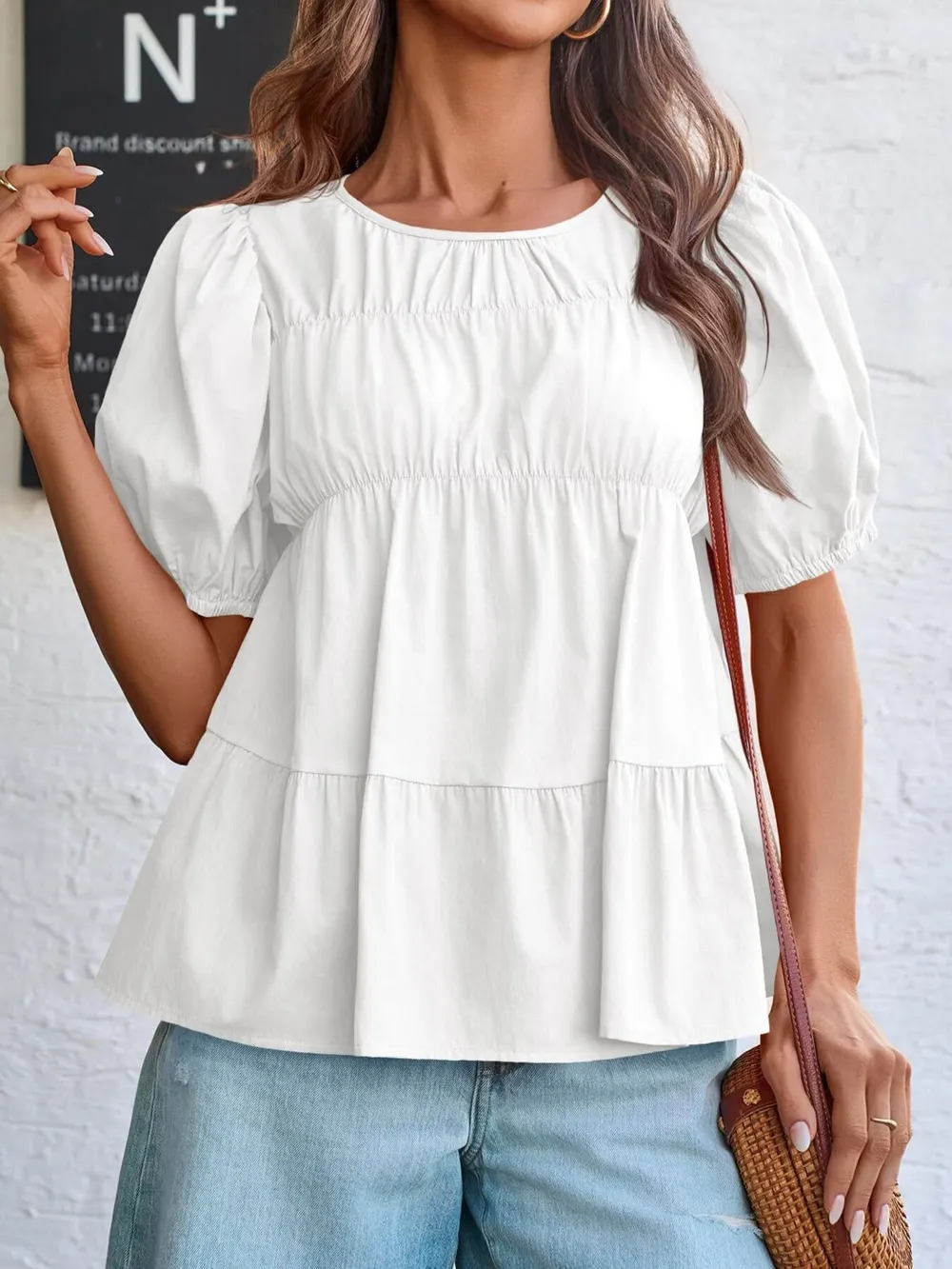 Tiered Round Neck Puff Sleeve Ruched Blouse, image 2