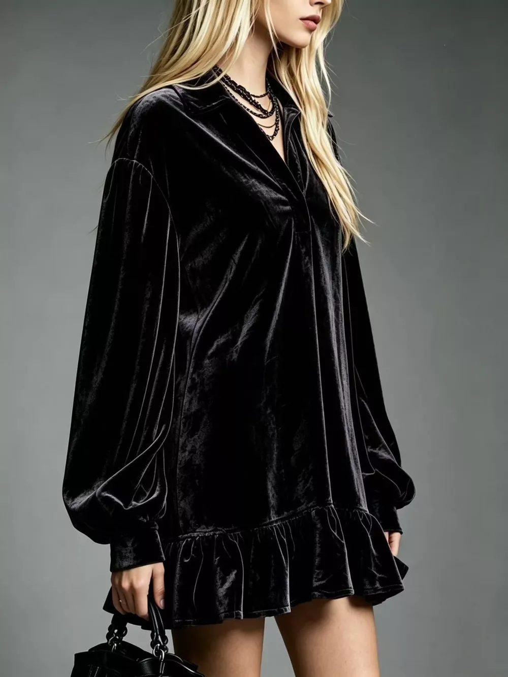 Full Size Velvet Long-Sleeve Ruffle Hem Mini Dress Plus Size, image 8