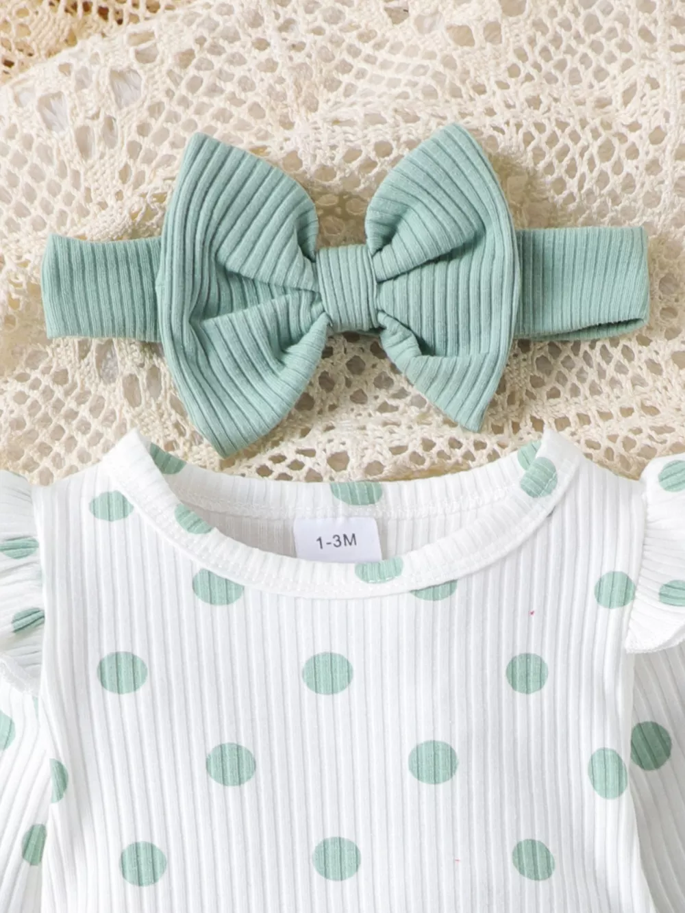 Children's Ruffled Polka Dot Bodysuit and Pants Set with Headband, image 2
