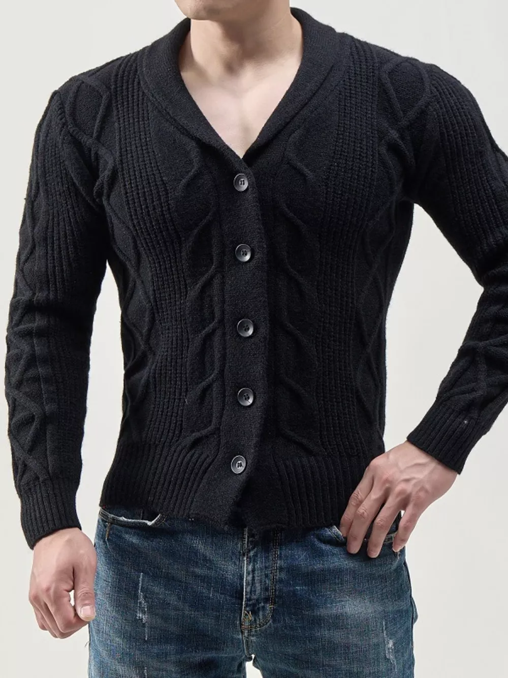 Men's Full Size Slim-Fit Cable Knit Shawl Collar Cardigan Plus Size, image 3