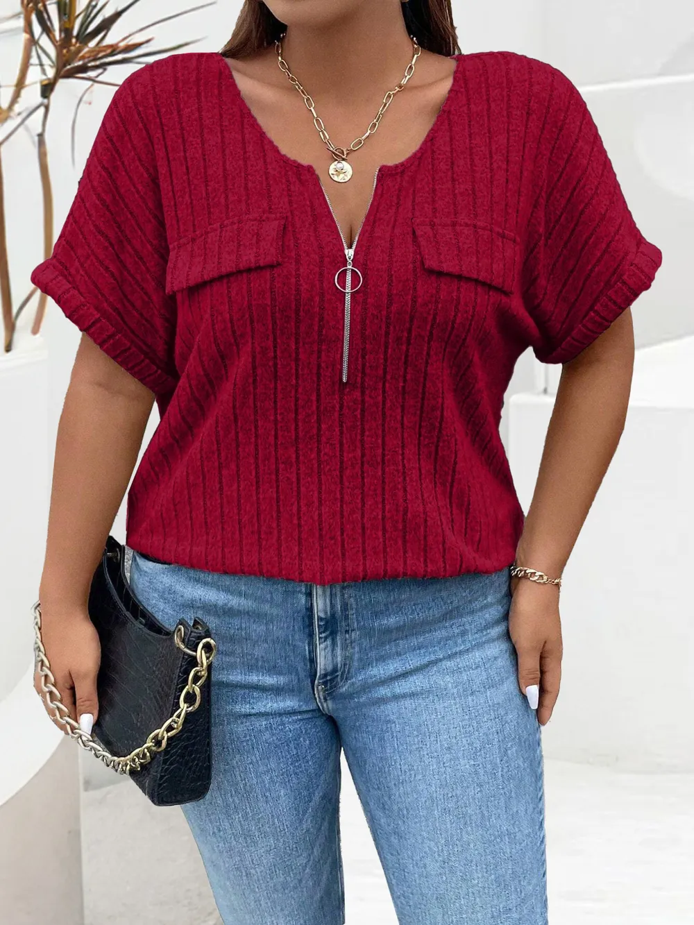 Plus Size Ribbed Half Zip Relaxed Fit T-Shirt, image 3