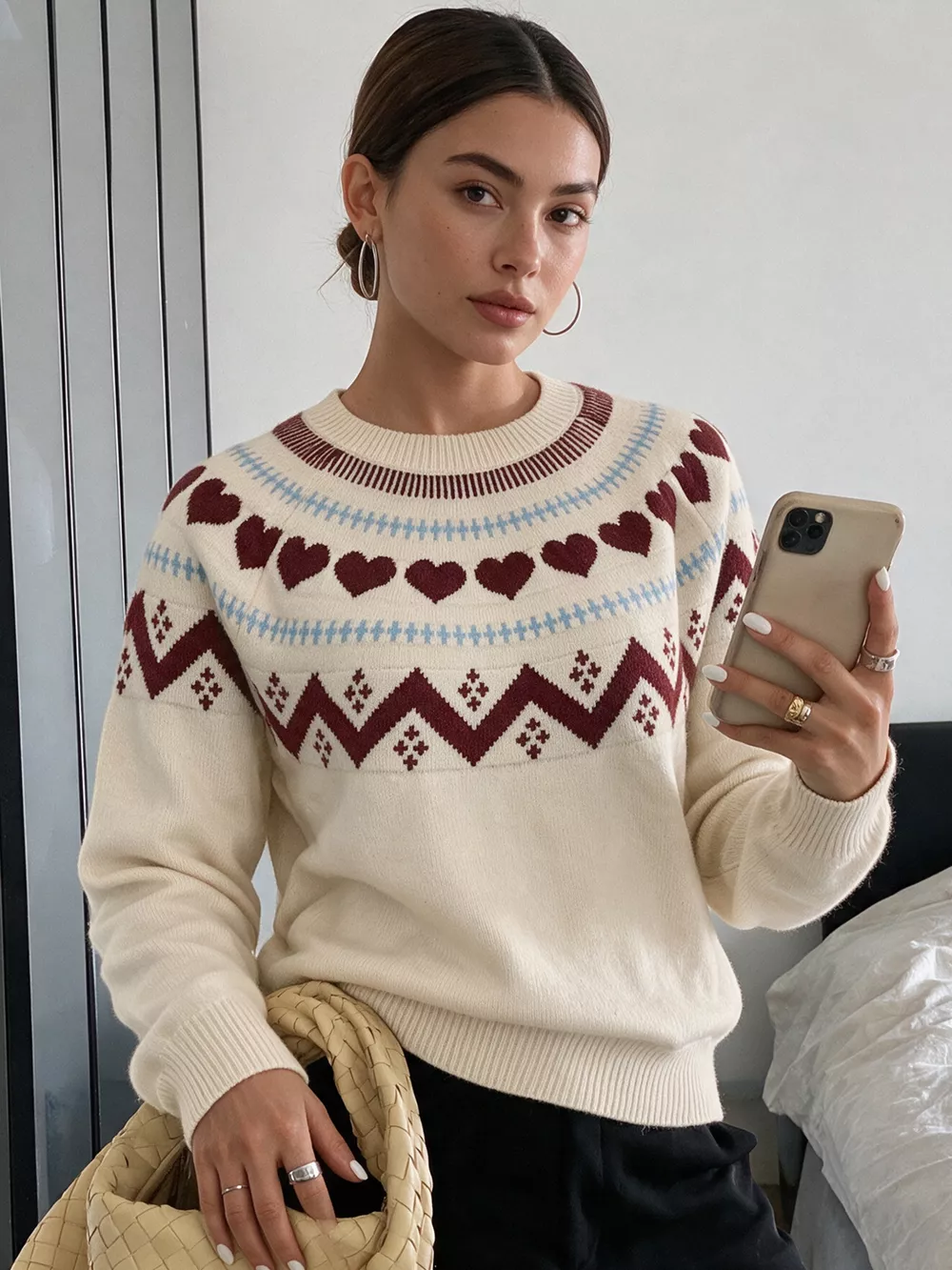 Heart-Patterned Crew Neck Sweater