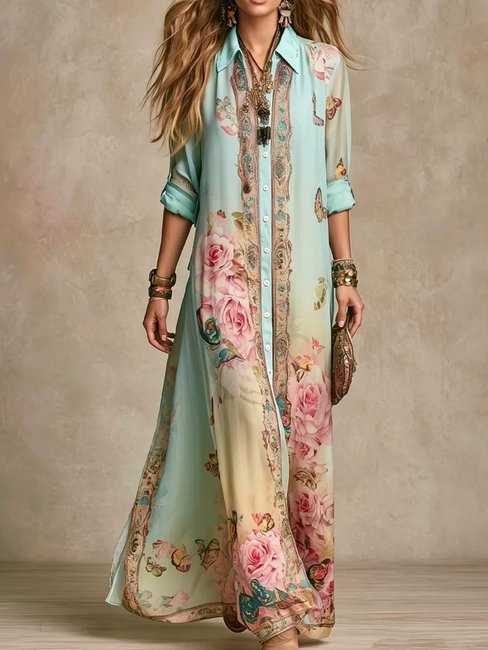 Full Size Floral Print Button-Down Maxi Shirt Dress Plus Size