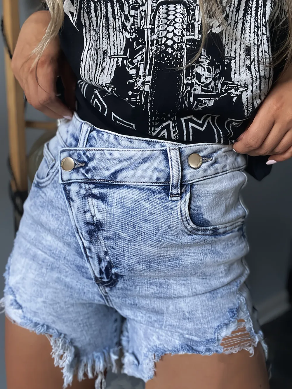 High Waisted Distressed Denim Shorts with Frayed Hem