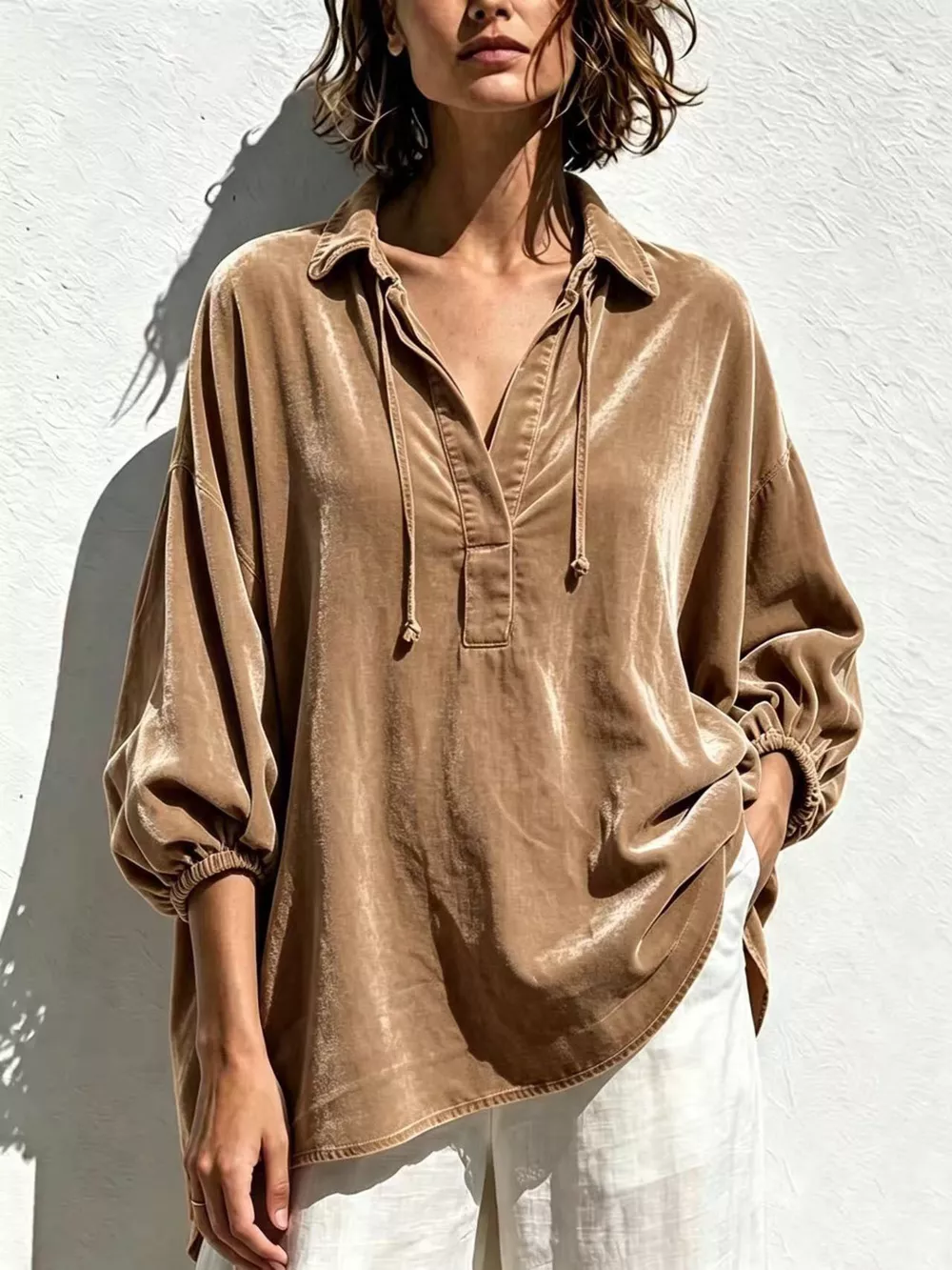 Full Size Oversized Velvet Collared Neck Drawstring Blouse Plus Size, image 5