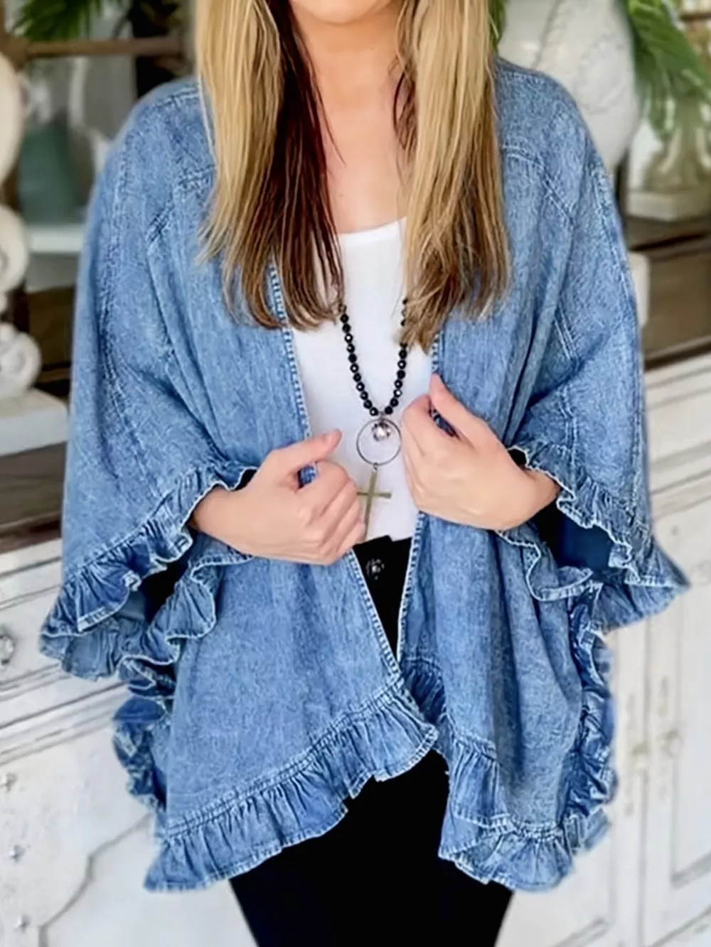 Full Size Ruffled Edge Open Front Denim Jacket Plus Size, image 2