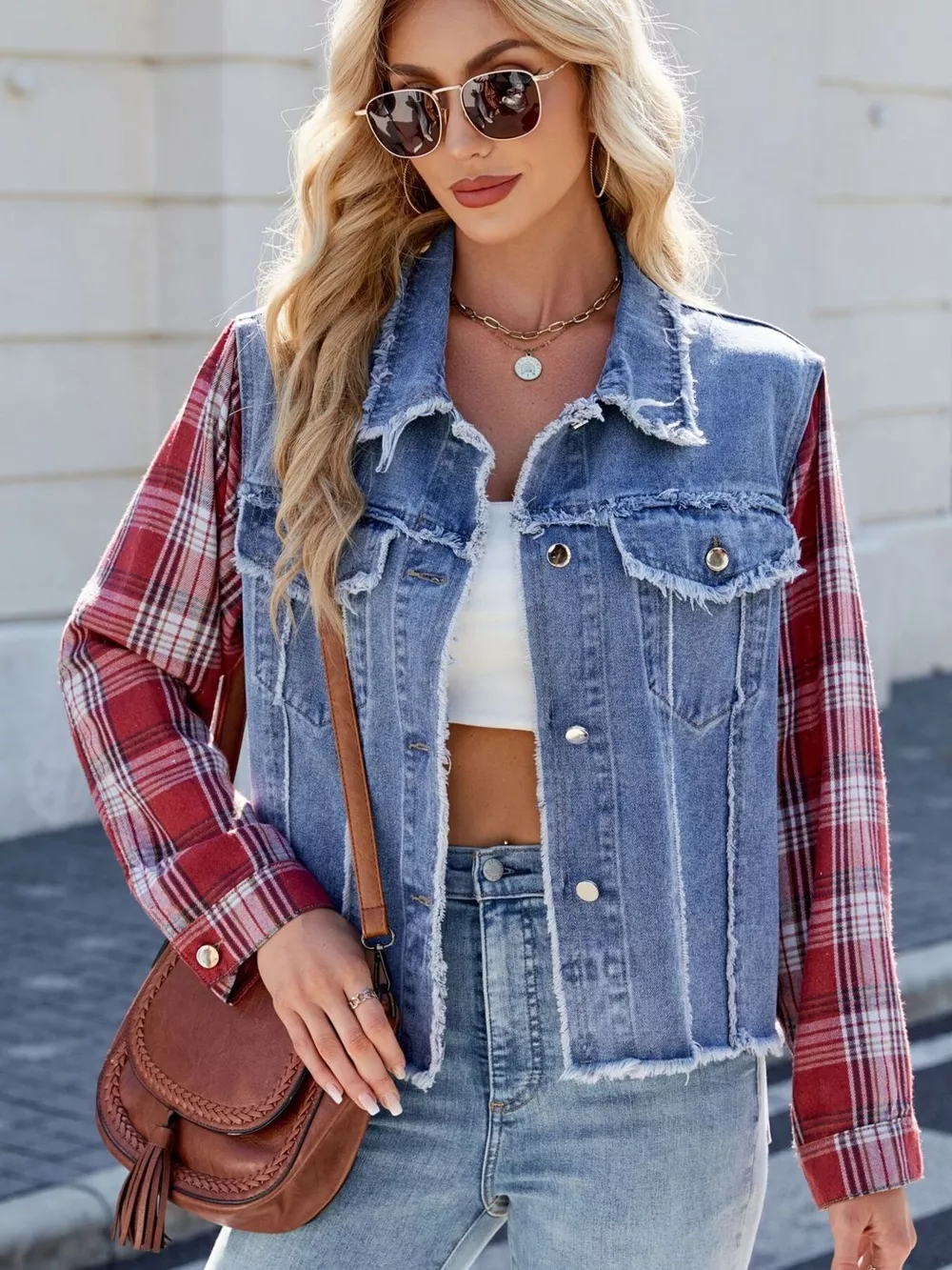 Raw Hem Plaid Sleeve Denim Jacket, image 2