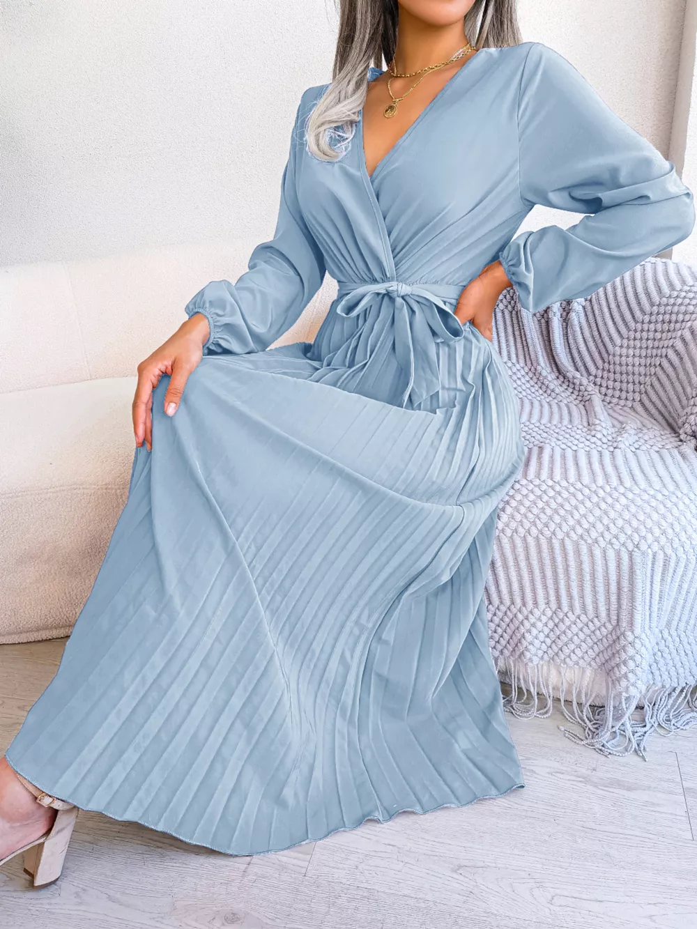 Elegant Pleated Front Tie Long Sleeve Dress, image 14