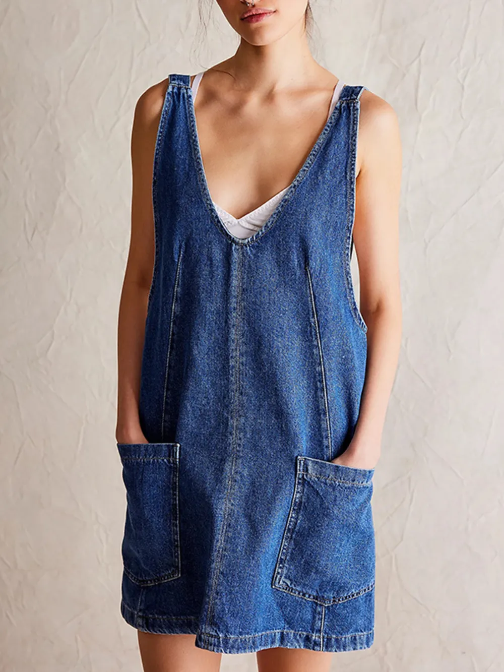 Oversized V-Neck Denim Tank Dress with Front Pockets, image 5