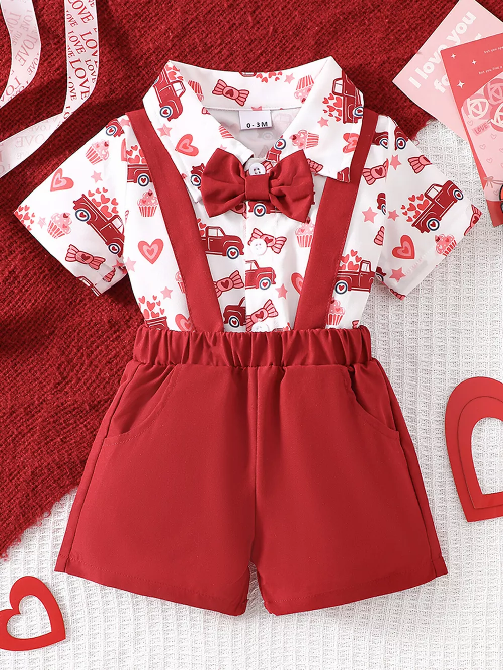 Children's Bowknot Decor Bodysuit and Suspender Shorts Set