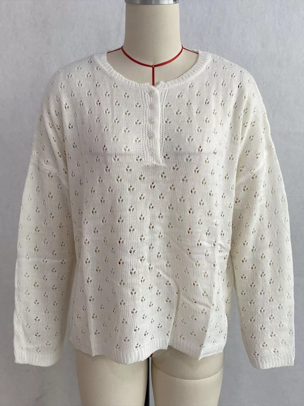Pointelle Button-Front Round Neck Knit Top, image 6