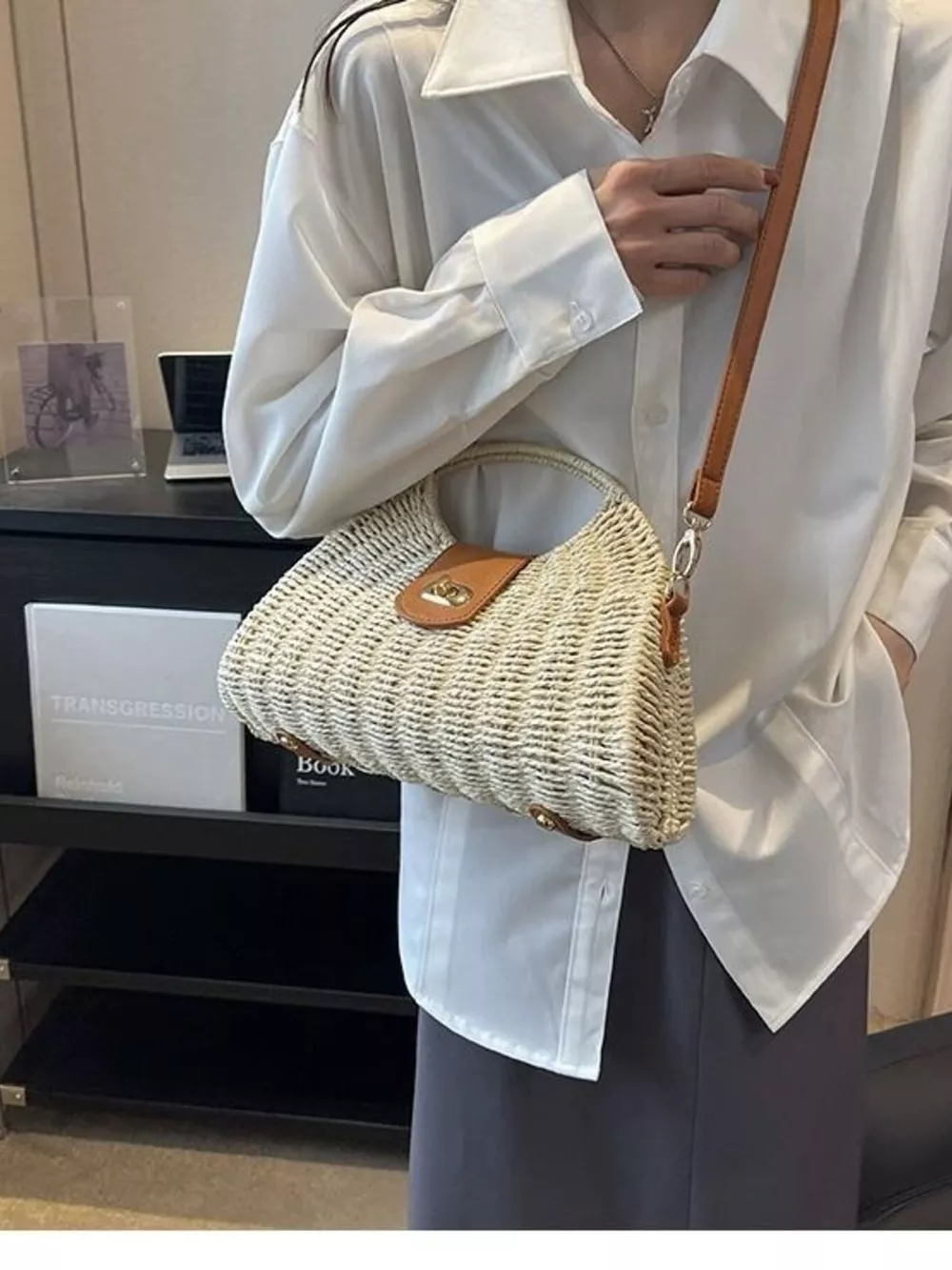 Straw Woven Adjustable Strap Crossbody Bag, image 3