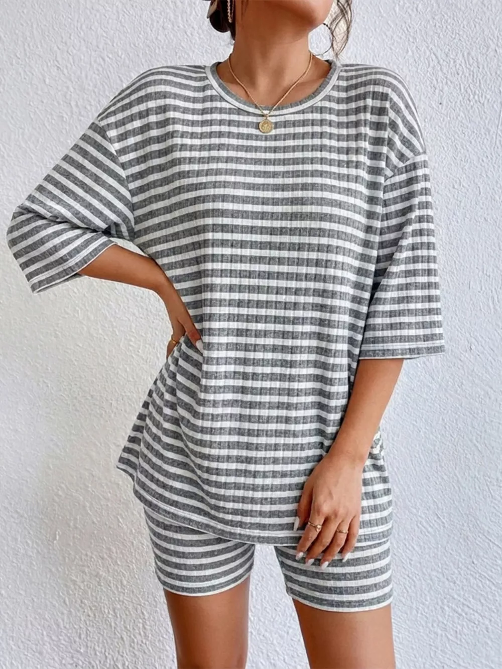 Striped Round Neck Top and Shorts Set, image 23