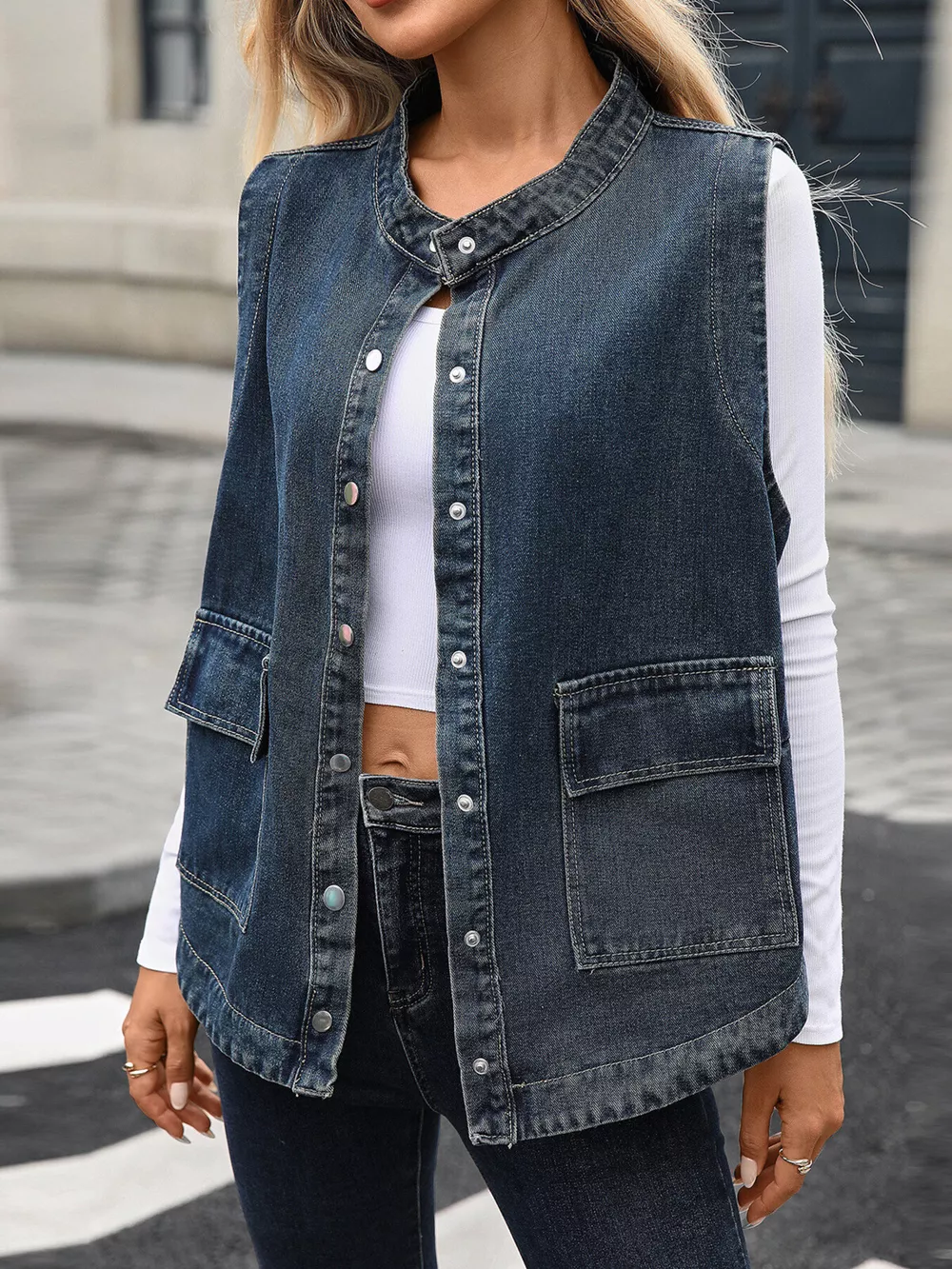 Snap Down Sleeveless Denim Jacket, image 8